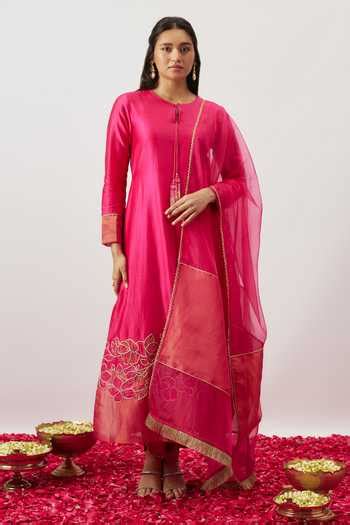 Buy Pink Organza, Chanderi, Handloom Cotton Daneiris Hand Kurta Pant ...