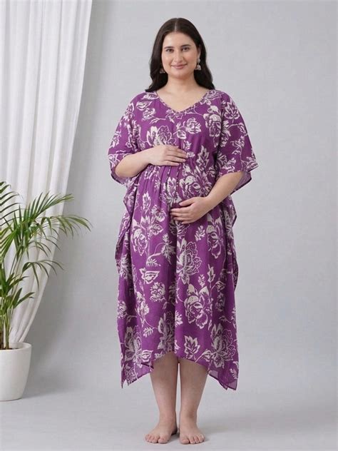 Purple cotton floral printed long kaftan