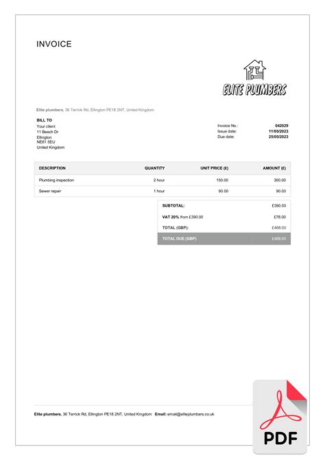 Free Professional Plumbing Invoice Templates in PDF | Billdu