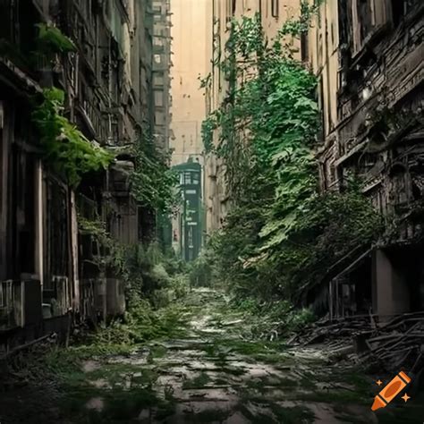 Overgrown post-apocalyptic city with plants and vines on Craiyon