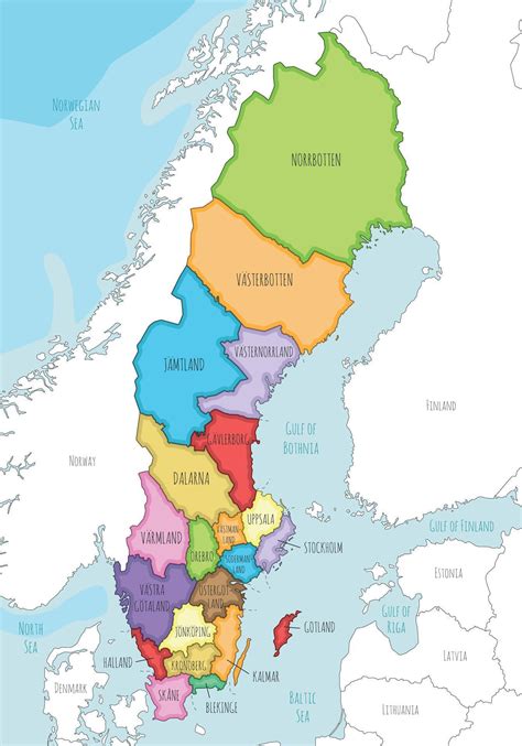 illustrated regional map of Sweden with counties and administrative divisions, and neighbouring ...