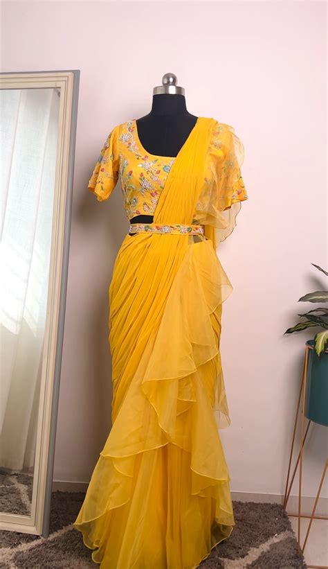 Sunshine Yellow Organza Ruffle Saree with Silk Embroidered Blouse ...