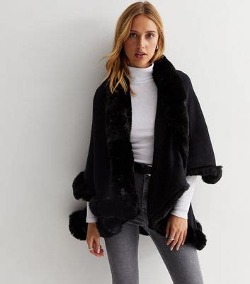 Gini London Black Faux Fur Trim Cape | New Look