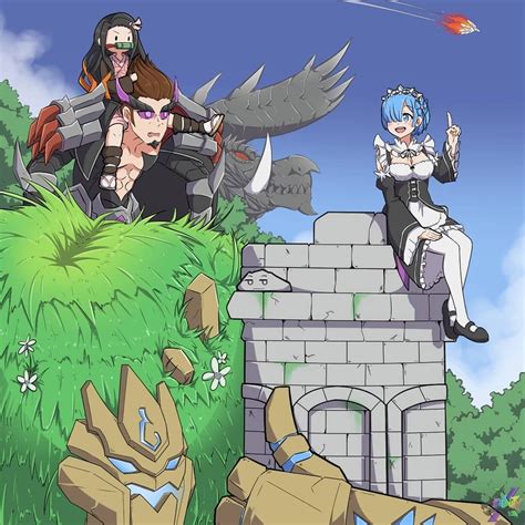 Yu Zhong & Grock chilling ft Nezuko & Rem! An old artwork by me ...