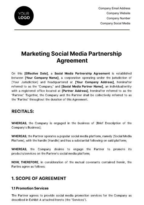 Free Marketing Social Media Partnership Agreement Template to Edit Online