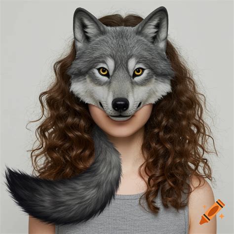 Girl wearing a gray wolf therian mask and tail on Craiyon