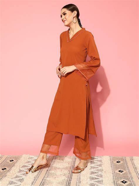 Varanga Women Rust Straight Kurta Paired With Tonal Bottom