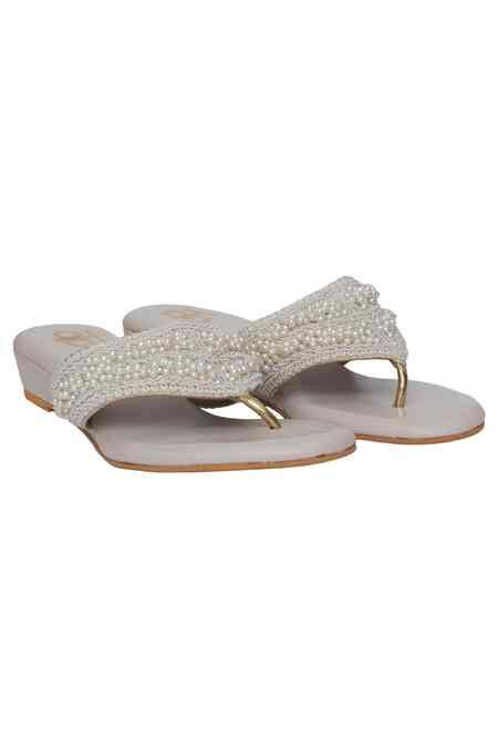 Buy White Embellished Janita Pearl Kolhapuri Wedges by Kkarma ...