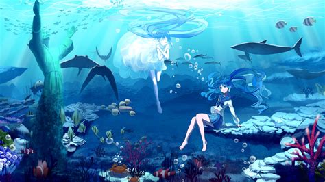 Wallpaper Hatsune Miku, blue hair anime girls, underwater, sea, fish ...