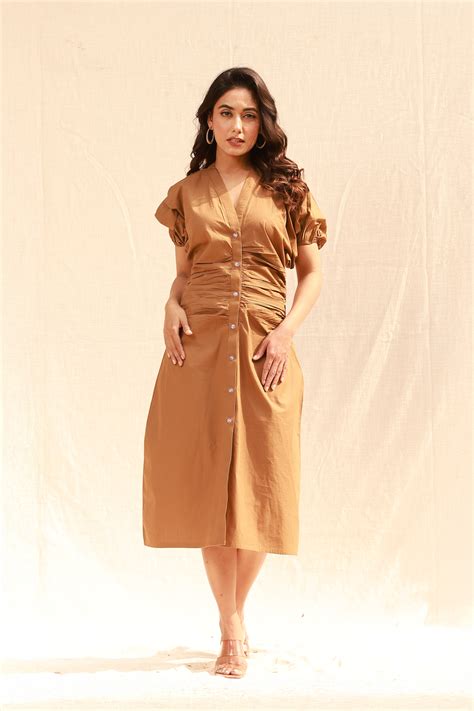 Buy Trending Shirt style midi dress in brown poplin – Moonstruck