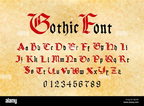 Red and black gothic font, set of medieval letters and numbers on old ...