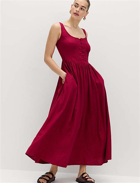 Buy Linen Rich Scoop Neck Lace Insert Midi Waisted Dress at Marks & Spencer