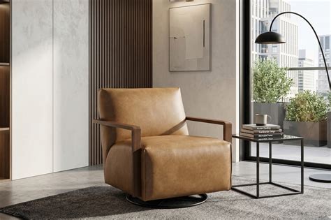 Hudson Leather Swivel Chair | Modern Tan Wood Arm Lounge Chair – Avian