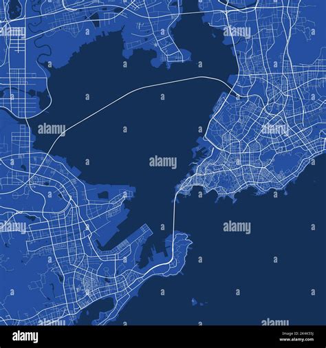 Detailed map poster of Qingdao city administrative area. Blue skyline panorama. Decorative ...