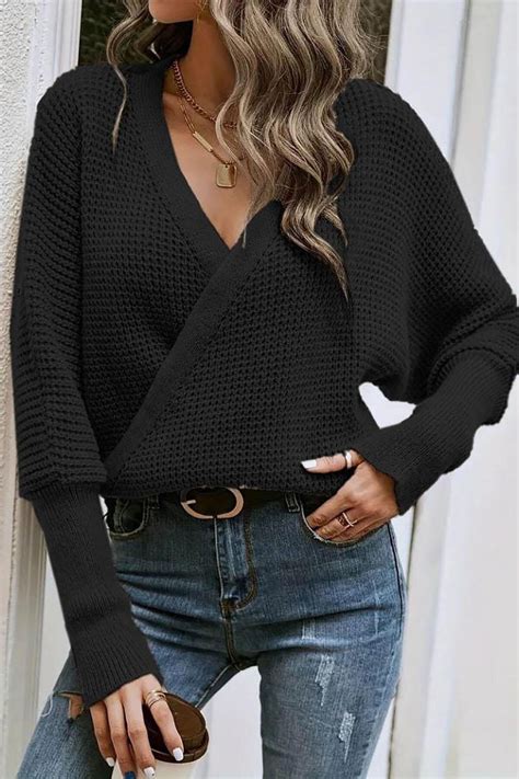 Black Long Sleeve Wrap Neck Knit Blouse - Deafox | ElbiseBul