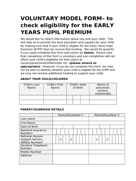 Early Years Pupil Premium Eligibility Form - Blank Fillable Template ...