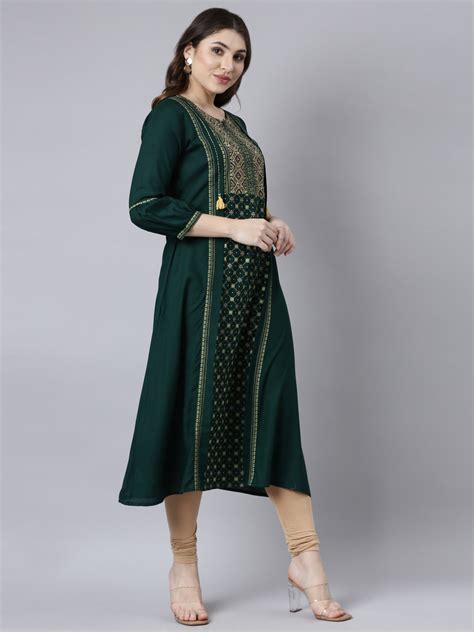 Neerus Green Regular Straight Woven Design Kurtas – Neerus India