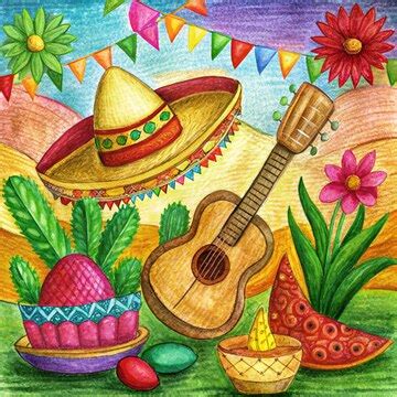 Uma pintura de uma guitarra e um chapéu com uma fita e um chapinho ...