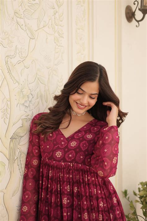 Rani Pink Faux Georgette Foil Print Readymade Top with Pant