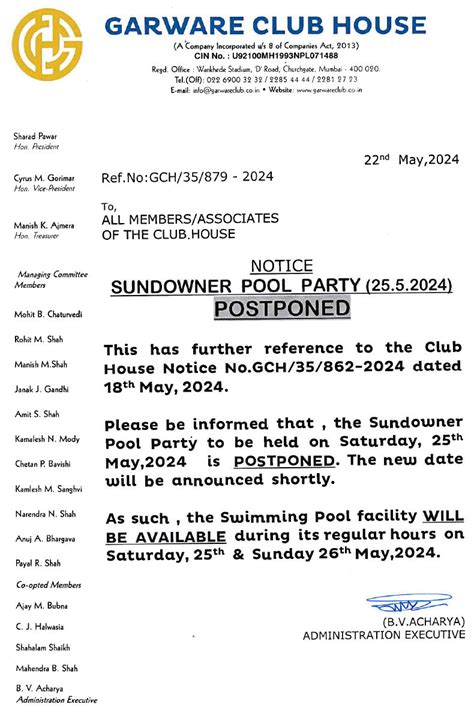 Sundowner Pool Party Postponed - Garware Club House