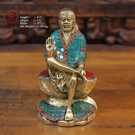Brass Shirdi Sai Baba, Golden & Stonework, 8.5" – Dharma Statues