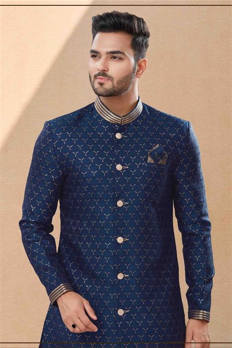 Buy Navy Blue Dhoti SherwaniIn Jacquard NCSH10410502 – Ninecolours.com