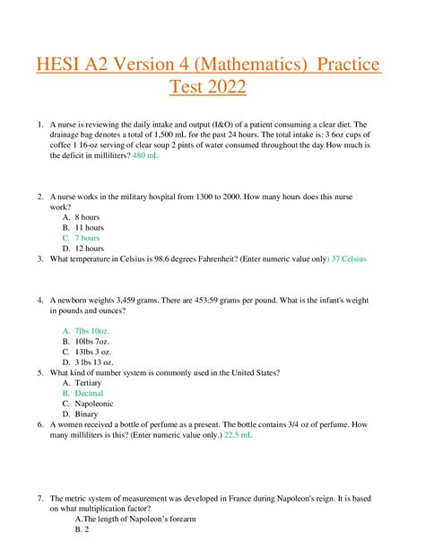 HESI A2 Mathematics_Version 4_Practice_Questions and Verified Answers ...