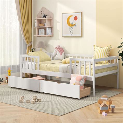 Giantex Twin Kids Bed with Drawers, Wooden Twin Bed Frame with Side ...