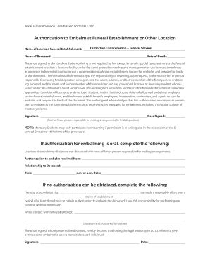 Fillable Online Authorization to Embalm at Funeral Establishment or ...