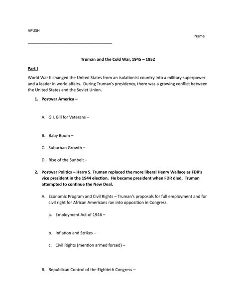 Amsco+Chapter+26+Outline - APUSH Name Part I Truman and the Cold War ...