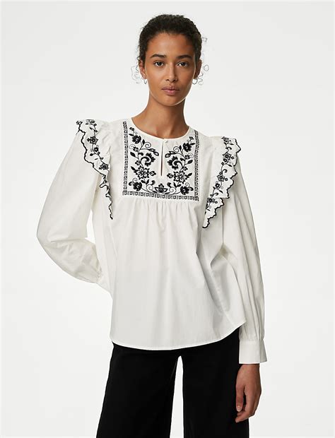 Buy Pure Cotton Embroidered Frill Detail Blouse at Marks & Spencer
