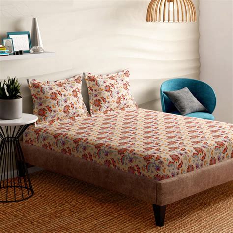 Buy PORTICO Floral Romance Red Printed Cotton Queen Size Bedsheet Set ...