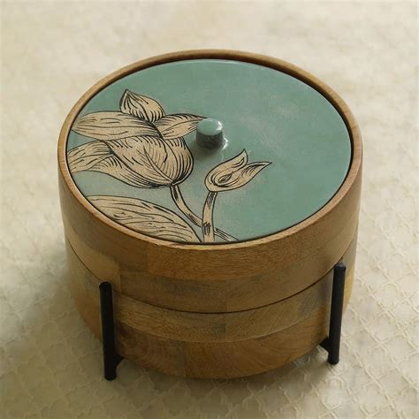 Ellementry Iris wooden 2 tier roti box with stand | Colour: blue ...