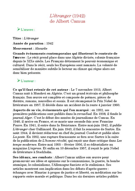 Analyse de L'étranger (1942) par Albert Camus: Thèmes et Contexte - Studocu