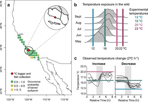Habitat range and thermal conditions of barred surfperch. (a) Pacific ...