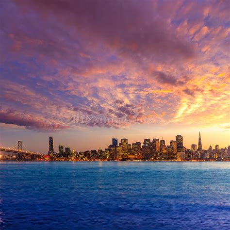 San Francisco Sunset Skyline California Bay Water Reflection Stock ...