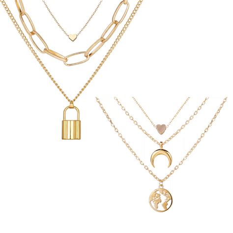 Pack of 2 Triple Layered Heart Lock & Moon Earth Necklace – Vembley