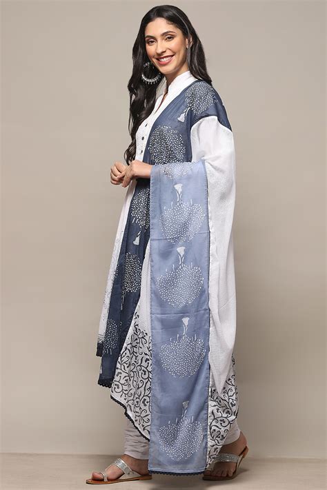 White Blue Cotton Asymmetric Suit Set at Biba India