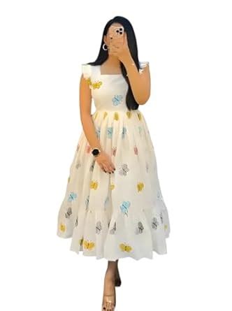 Buy Women's White Western Dress with Multicolour Butterfly Print ...