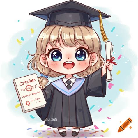 Chibi girl in graduation cap and gown holding a diploma and scroll with ...