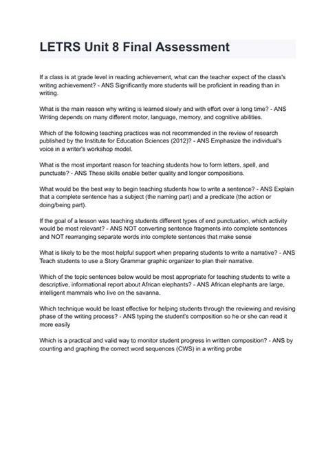 LETRS Unit 8 Final Assessment Exam 2024/2025 Questions With Completed ...