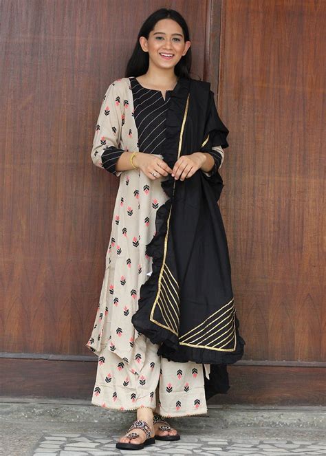 Get Beige Printed Tunic & Bottoms Co-ord Set with Ruffle Trim Dupatta ...