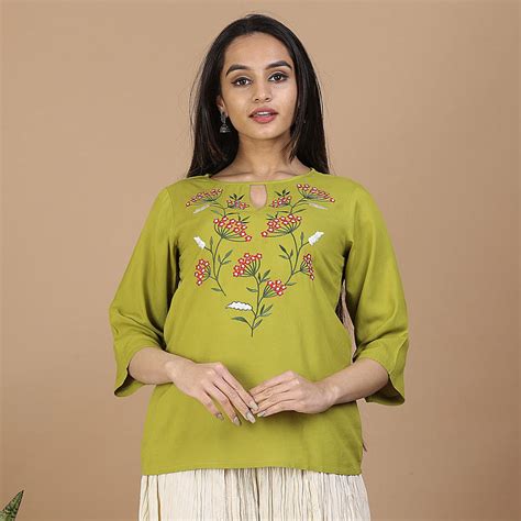 Buy Olive Floral Embroidery Panelled Top with 3/4th Sleeves | Rustorange