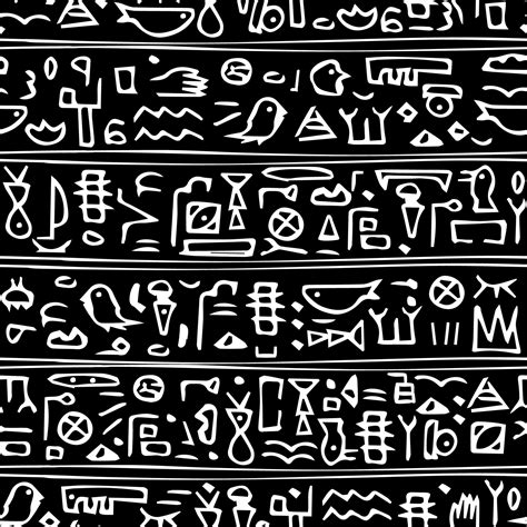 Hand-drawn hieroglyphs ancient white modern seamless pattern with line symbols of whales, birds ...