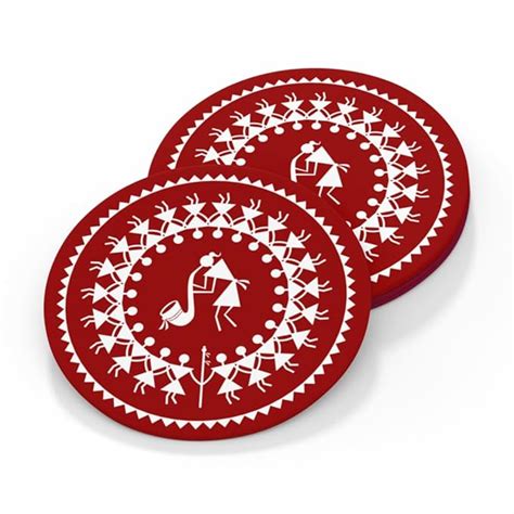 Warli Art Coasters by Indian Graffiti, Pack of 6 Round Coasters ...
