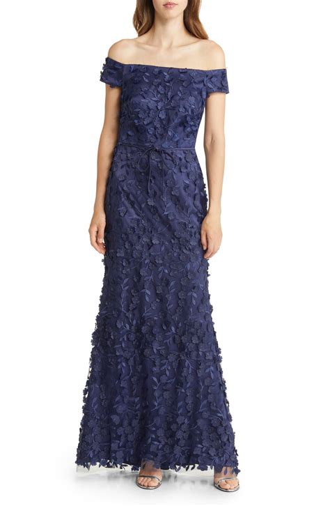 Eliza J Off The Shoulder Floral Appliqué Gown - Navy | Editorialist