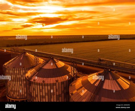 Grain elevator. Metal grain elevator in agricultural zone. Agriculture ...