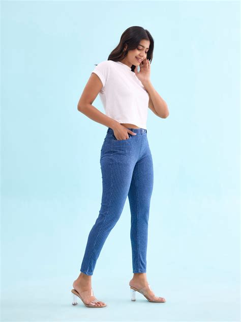 Blue Cotton Poly Stretch Stripes Denim Jeggings – Go Colors India
