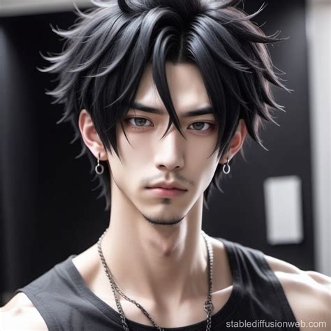 Black-Haired Korean Anime Man with Side Lip Piercing | Stable Diffusion ...
