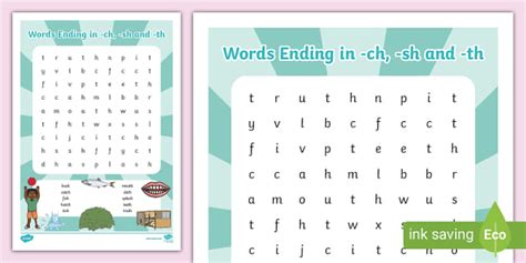 Words Ending in -ch, -sh and -th Word Search - Twinkl